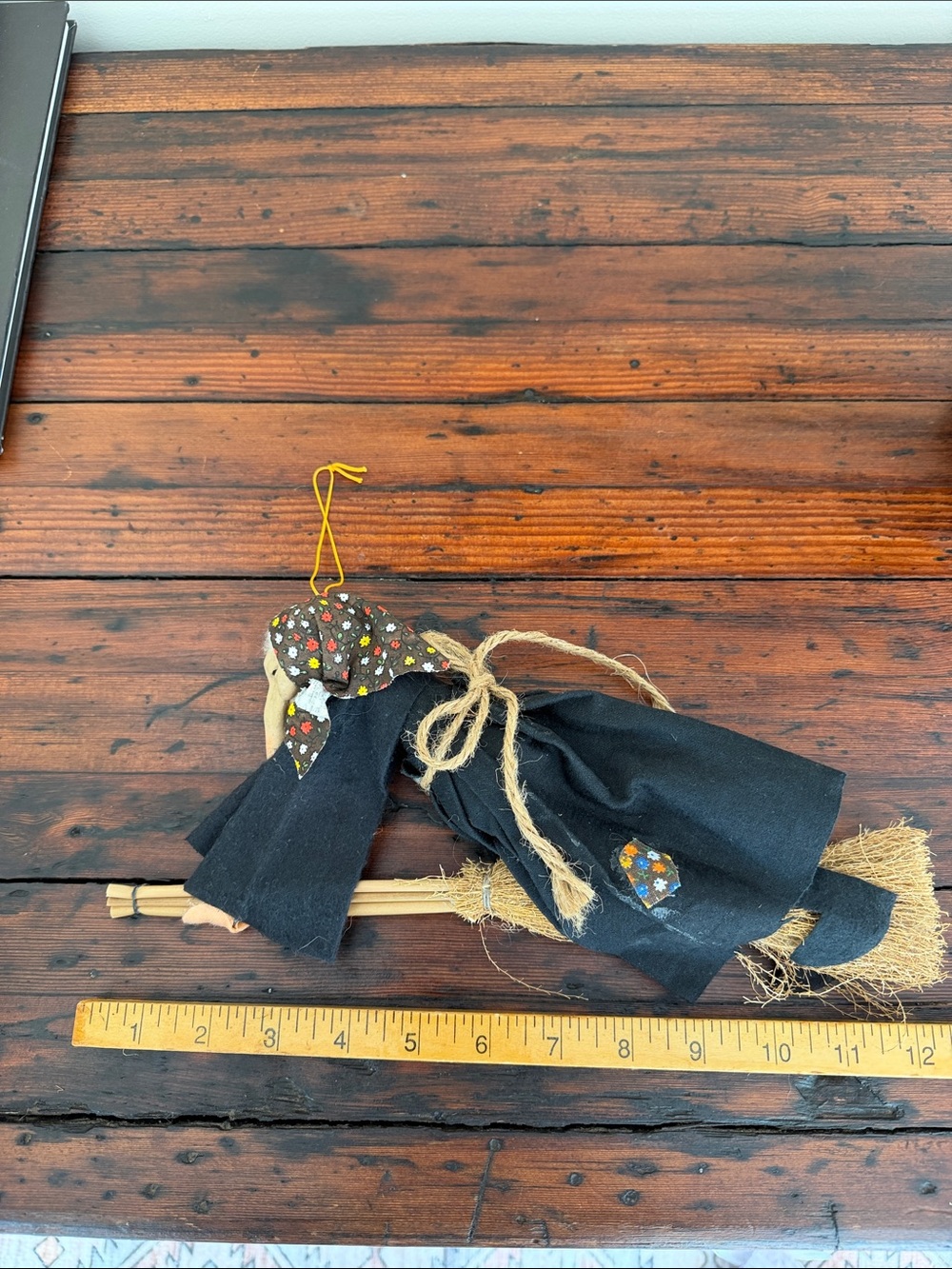 Vintage Good Luck Black Fabric Flying Kitchen Witch With Broom. - Picture 8 of 9